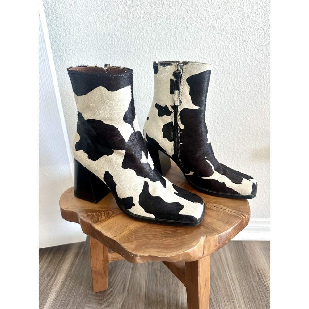 ALOHAS Womens Ankle Boots Calf Hair Cow Print Square Toe Block Heel Sz 38 US 7.5